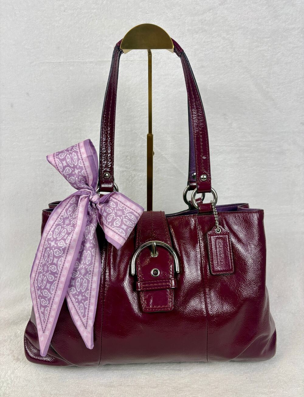 Vintage Coach Soho Patent Leather Buckle Carryall Tote in Plum/Burgundy, Scarf